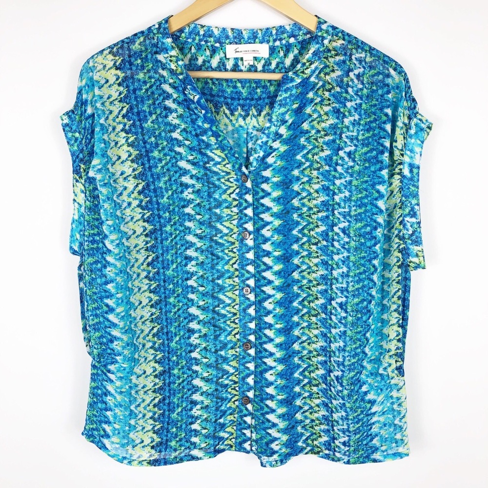 Two by Vince Camuto Blue Sheer Button Up Top